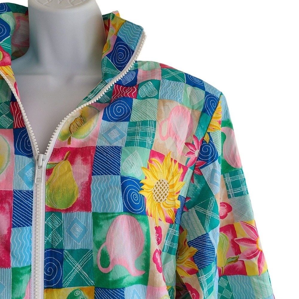 Vintage 90s Colorful Full Zip Windbreaker Jacket L Mixed Print Floral Funky